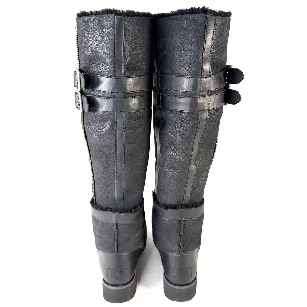 UGG Moto Punk OTK Boot Black Biker Buckle Zipper Round Toe Women's Size 10